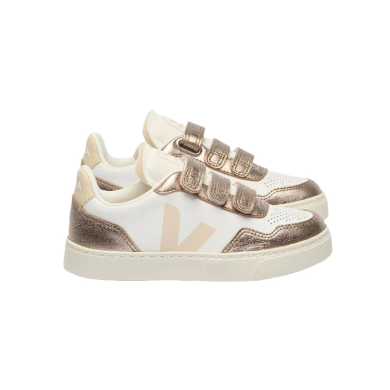 veja small v-90 velcro leather sneakers white sable bronze – kodomo