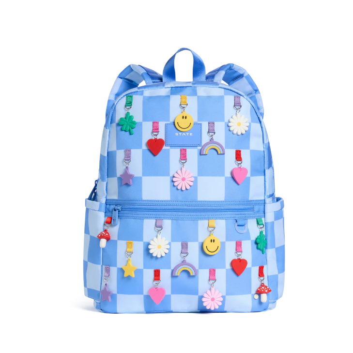 state bags kane kids double pocket travel backpack charms blue check