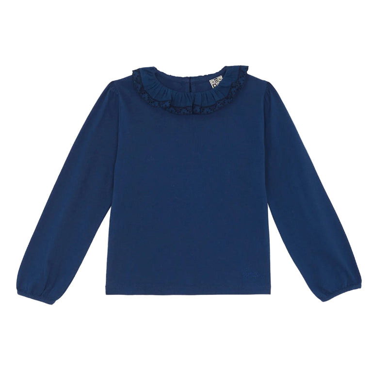 Navy blue long-sleeve top with ruffled collar