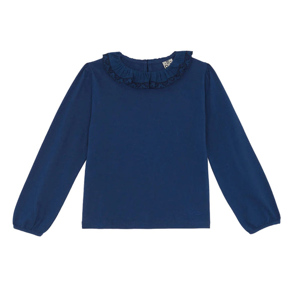 Navy blue long-sleeve top with ruffled collar