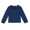 Navy blue long-sleeve top with ruffled collar