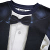 Children's outfit with tuxedo design and bow tie, brand 'Molo' visible.