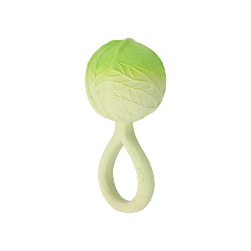 Green baby teether shaped like a cabbage on a white background