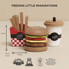 Wooden toy burger set with fries and soda cup on a beige background, featuring FSC certification logos.