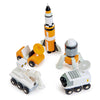 Set of toy space vehicles including a rocket, rover, and satellite 