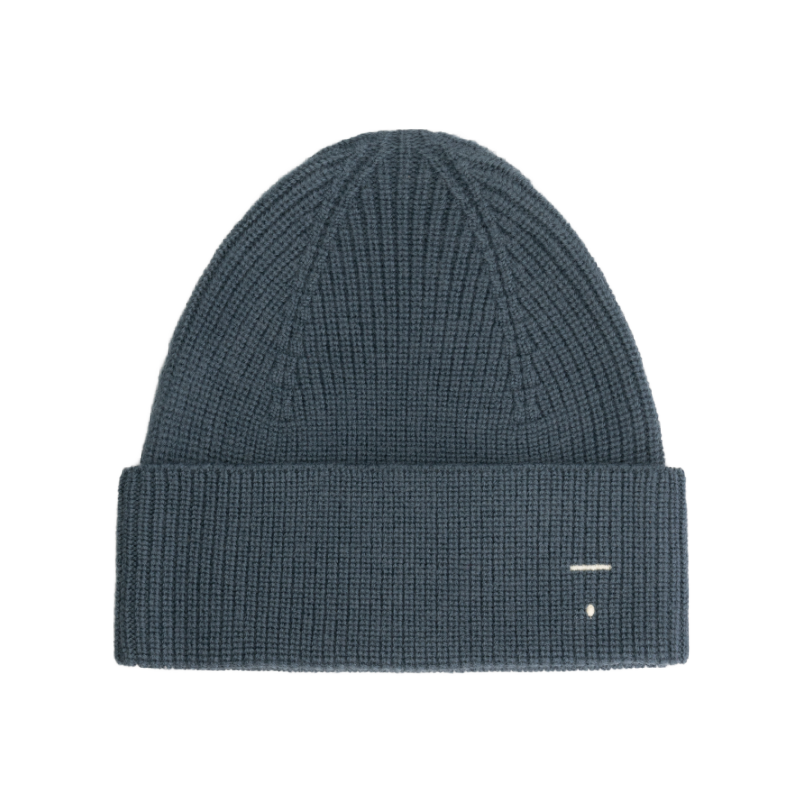 gray label knitted beanie blue grey