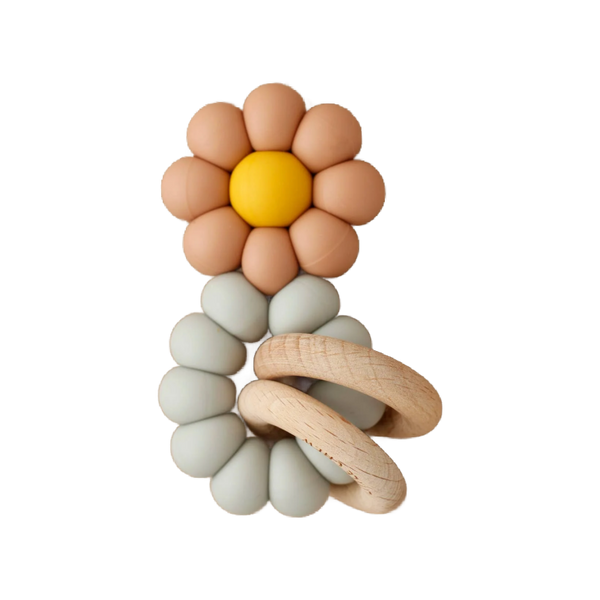 little chew rattle teether chamomile/dusty coral