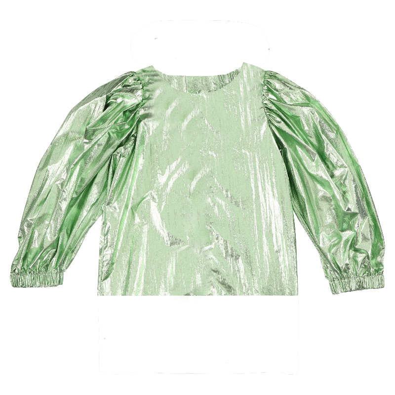 caroline bosmans metallic top green, girls blouse, puff sleeve shiny texture