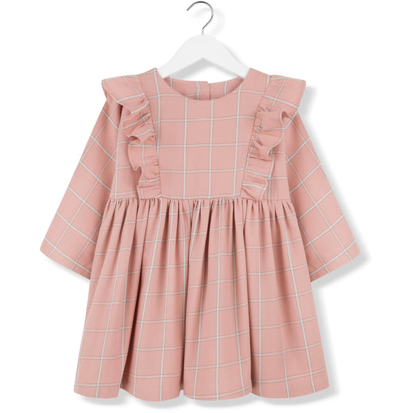 kids on the moon plaid frill dress coral, girls dresses at kodomo boston free shipping