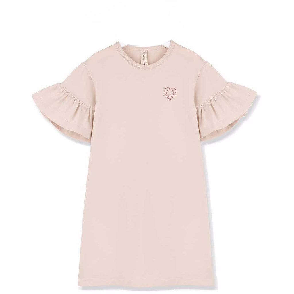 kids on the moon afterglow ruffle dress in pink with chest heart print features ruffled short sleeves. european kids clothes available at kodomo boston.