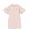 kids on the moon afterglow ruffle dress in pink with chest heart print features ruffled short sleeves. european kids clothes available at kodomo boston.
