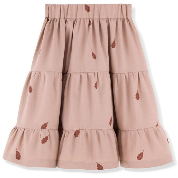 kids on the moon flounce skirt mauve leaves, girls bottoms, ruffles mid-length pink