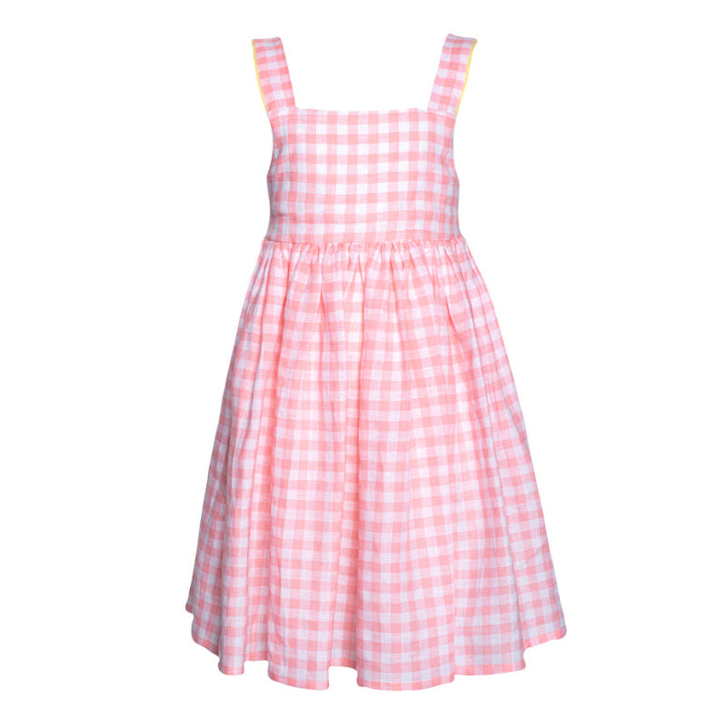 paade mode linen dress with ties picnic pink