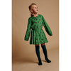 child wearing long live the queen "the" dress green dot