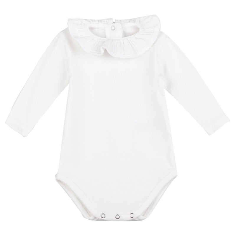 bonton ruffle collar baby onesie white