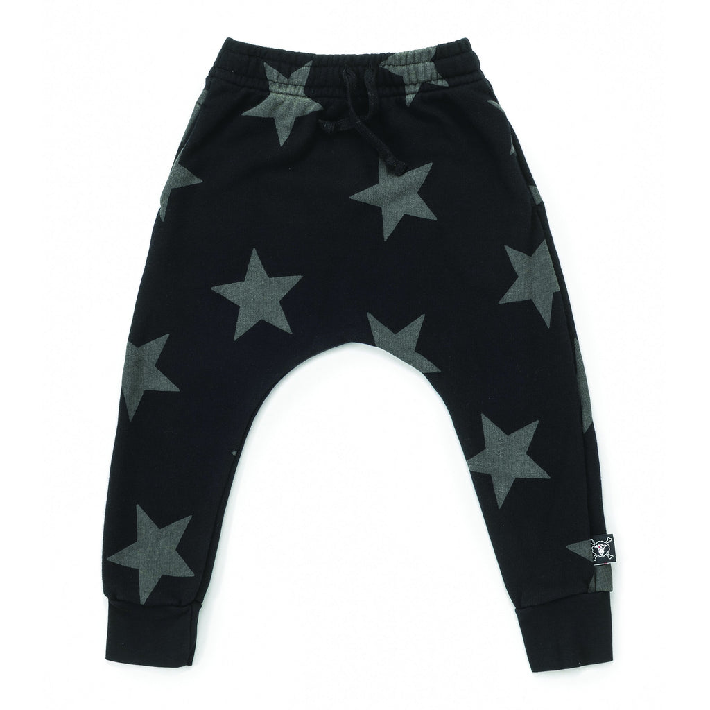 nununu star baggy pants black - kodomo boston, kids baggy pants, star print kids pants