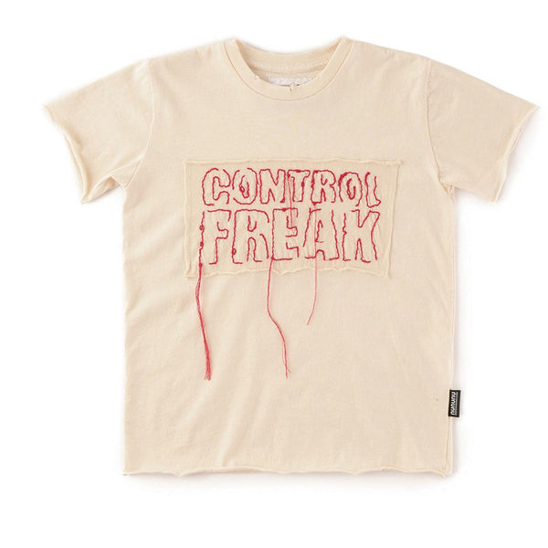 nununu embroidered control freak t-shirt natural, urban minimalist kids clothing at kodomo boston