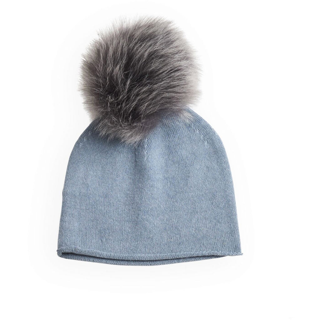 belle enfant pompom hat rabbit fur trim soft blue, cashmere winter hats for kids at kodomo boston