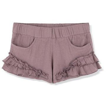 kids on the moon foggy day ruffle shorts, girl's organic cotton bottoms