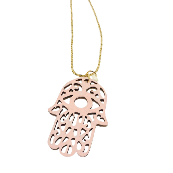 atsuyo et akiko hamsa wooden necklace light pink - kodomo boston. free shipping.