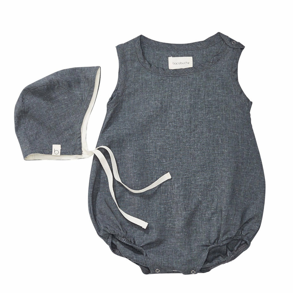 bacabuche bubble romper + bonnet charcoal - kodomo boston, fast shipping, baby, newborn clothes