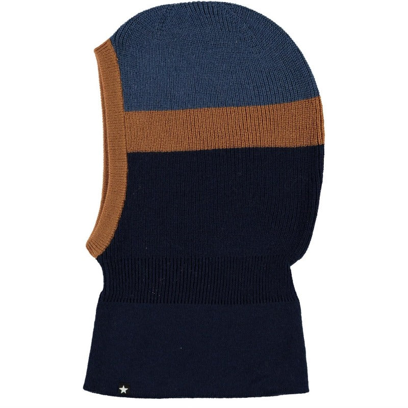 molo kallan balaclava ink blue, children's cold weather hat accessories, navy blue tan stripes