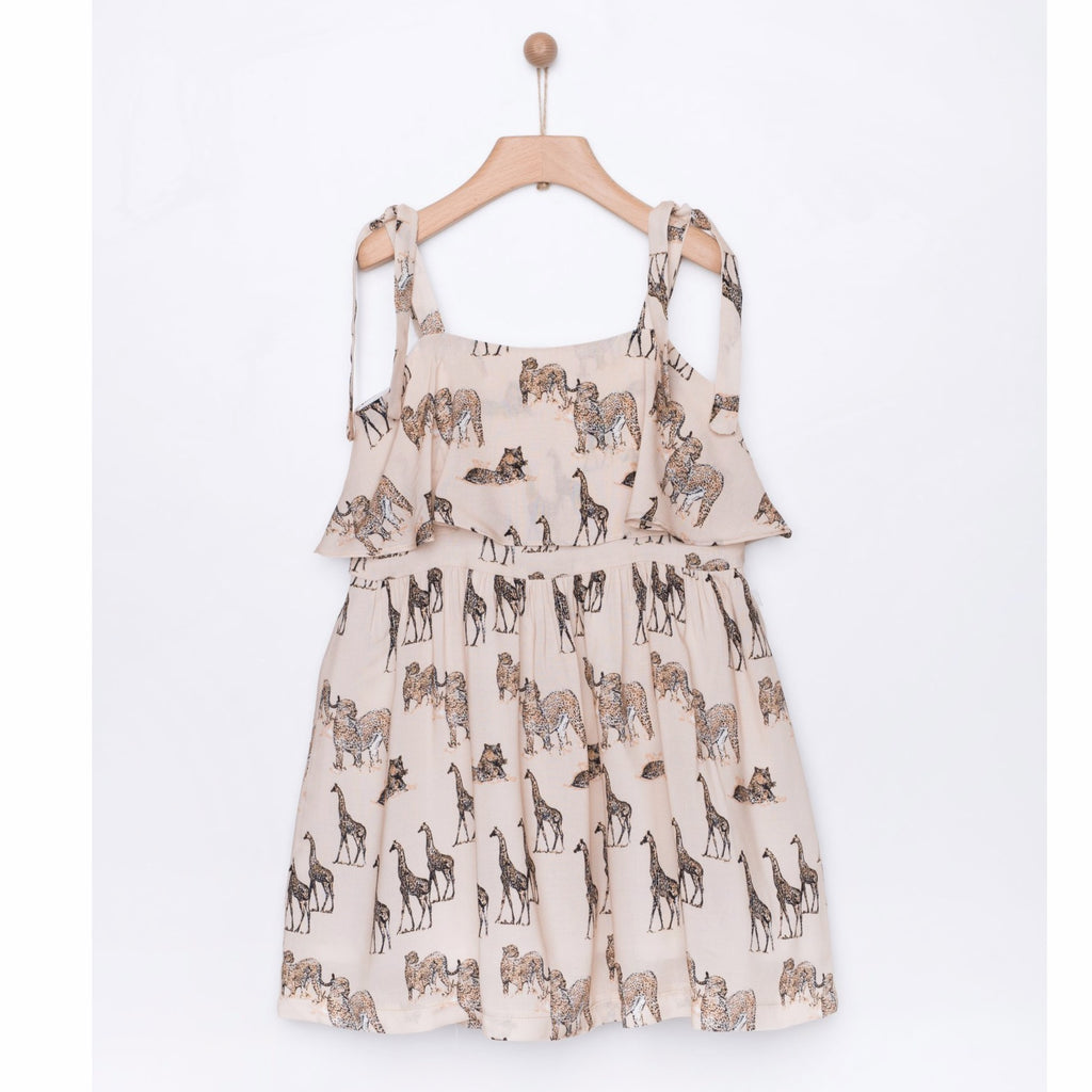 yell-oh safari printed frill dress sand, animal print for kids free shipping kodomo boston