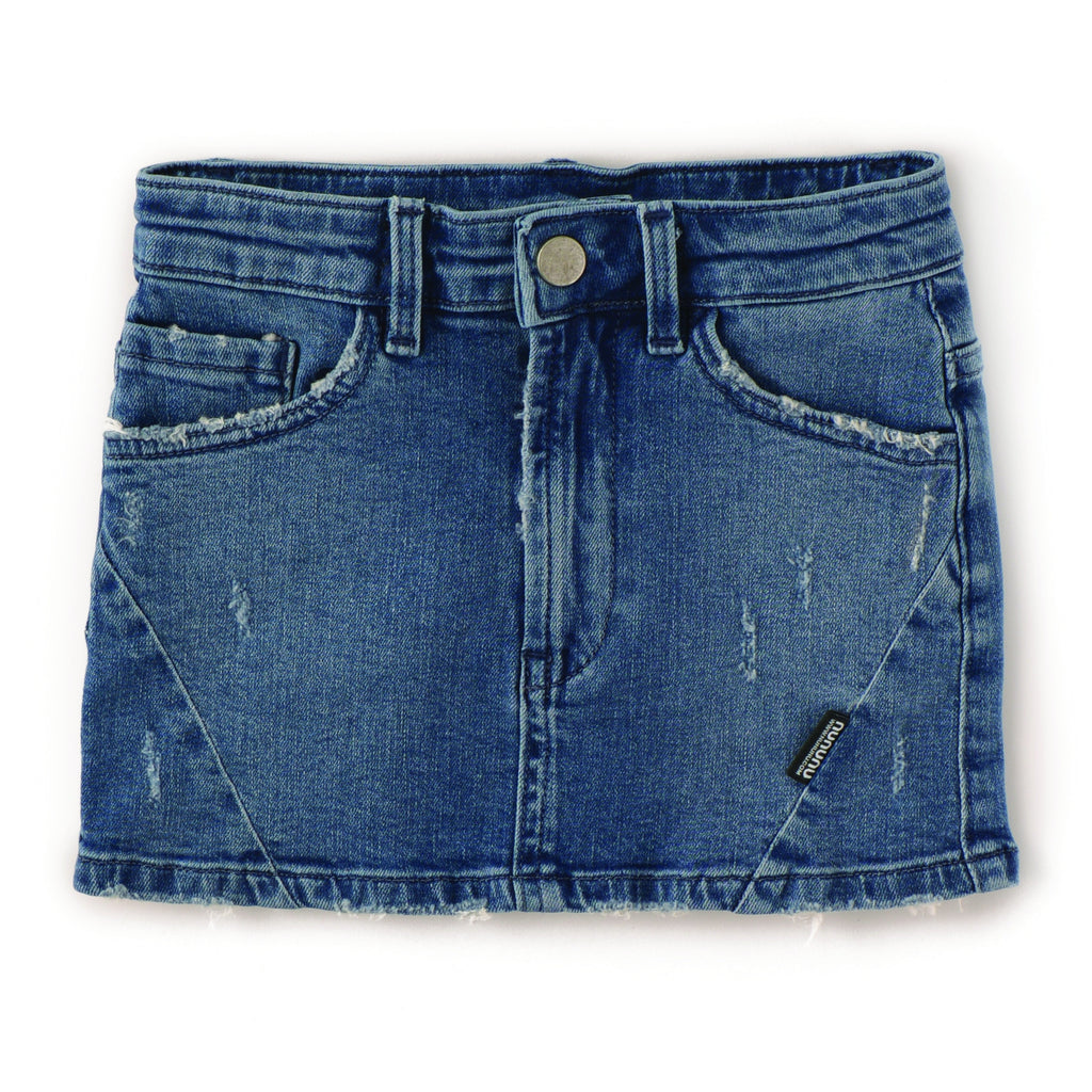 nununu denim mini skirt. the classic five-pocket style includes belt loops & a zip fly. nununu summer collection available at kodomo boston.